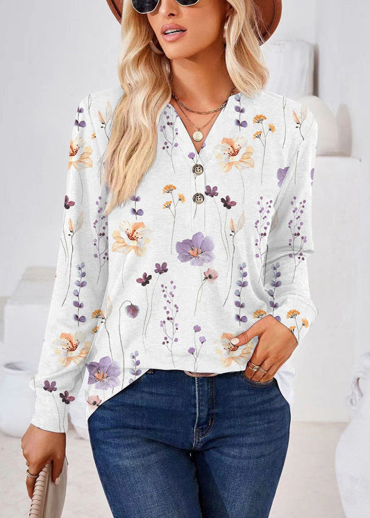 Plus Size White V Neck Print Shirts Fall