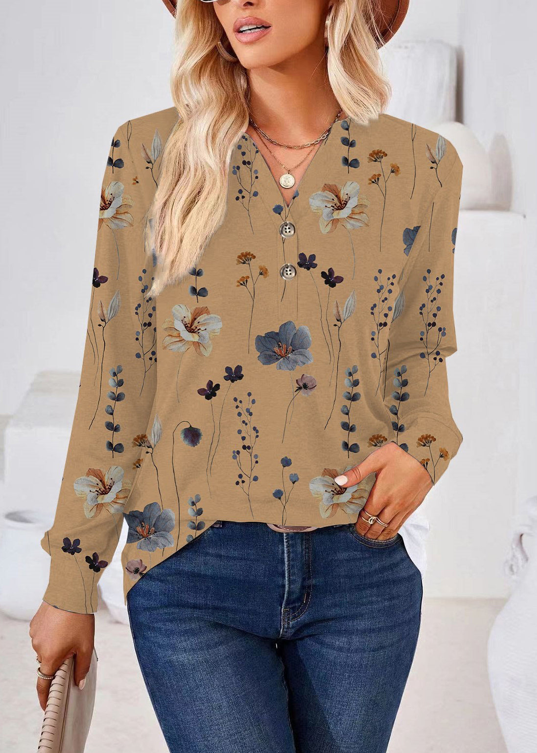 Plus Size White V Neck Print Shirts Fall