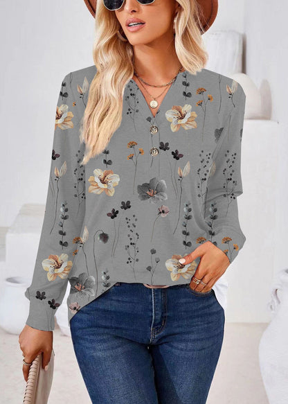 Plus Size White V Neck Print Shirts Fall