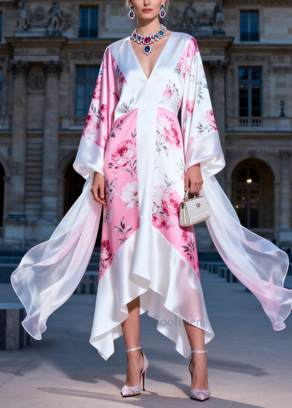 Plus Size White V Neck Print Silk Maxi Dress Summer
