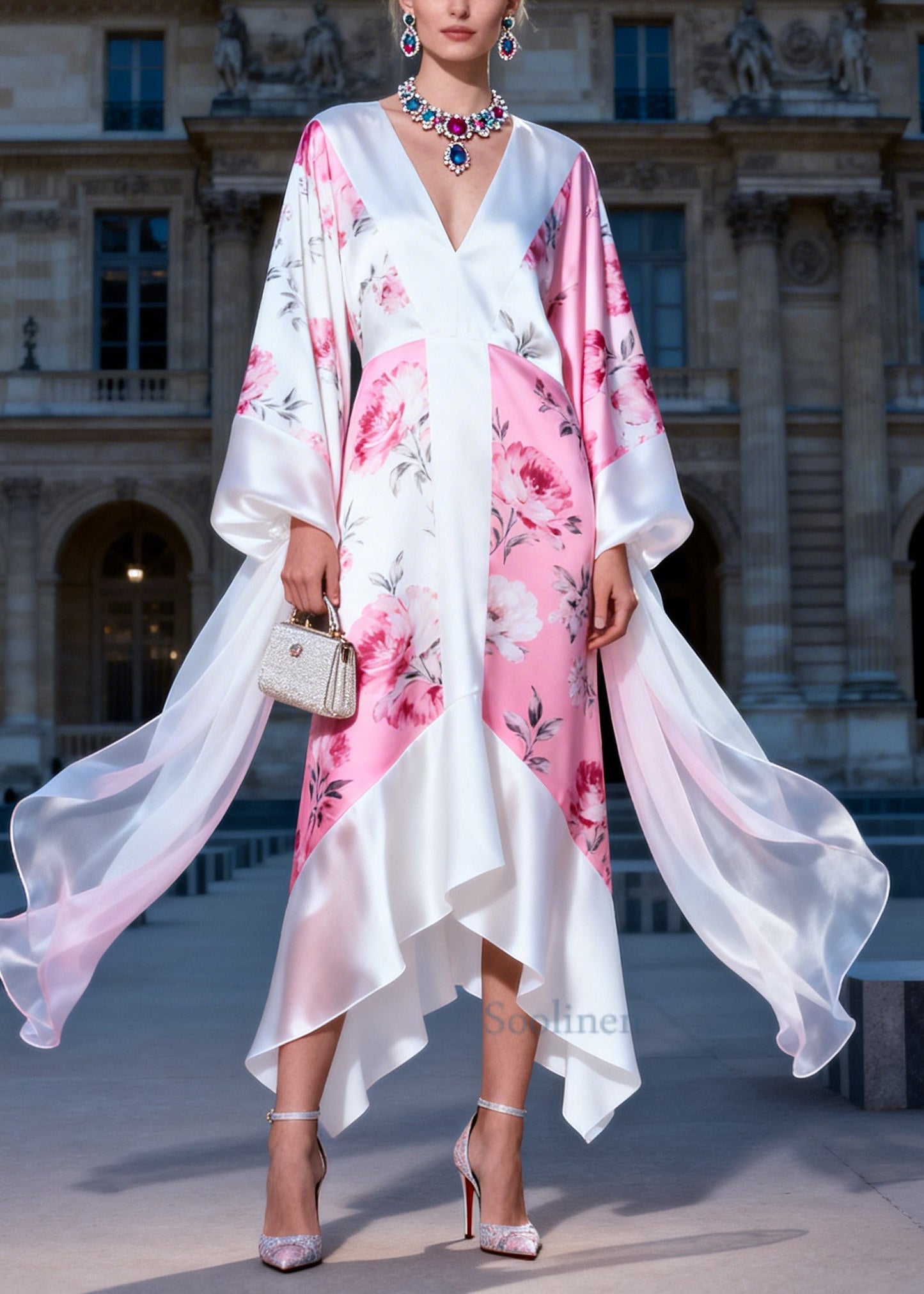 Plus Size White V Neck Print Silk Maxi Dress Summer