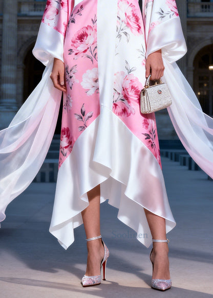 Plus Size White V Neck Print Silk Maxi Dress Summer