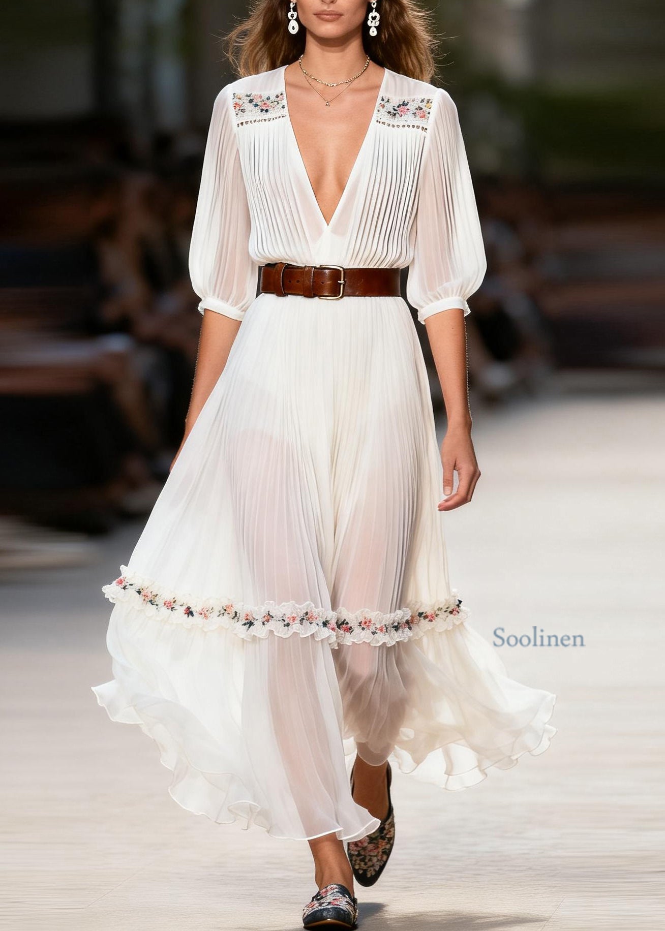 Plus Size White V Neck Ruffled Floral Chiffon Dresses Summer