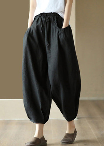 Plus Size Weiße, faltige Leinenlaternenhose mit Bindegürtel für den Sommer