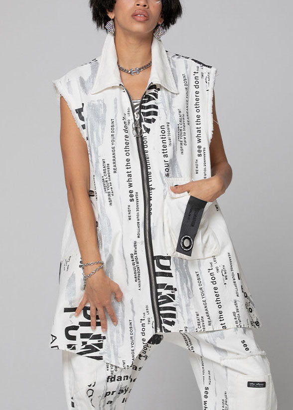 Plus Size Weiße Weste mit Reißverschluss und Print