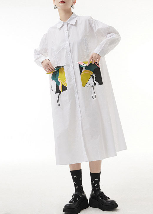 Plus Size Weißes, zerknittertes Peter-Pan-Kragen-Taschen-Print-Hemd