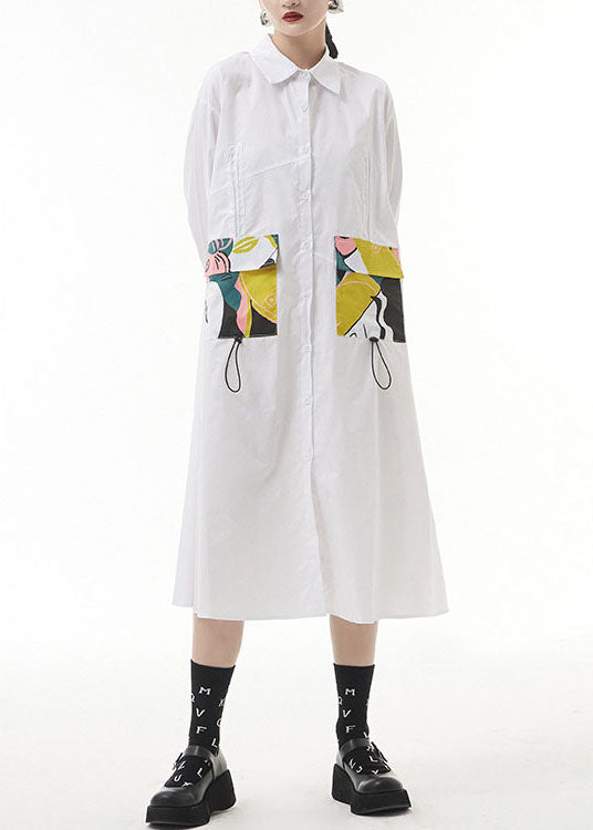 Plus Size Weißes, zerknittertes Peter-Pan-Kragen-Taschen-Print-Hemd