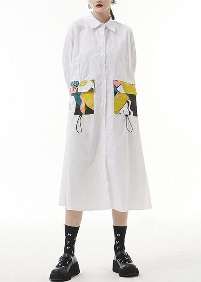 Plus Size Weißes, zerknittertes Peter-Pan-Kragen-Taschen-Print-Hemd