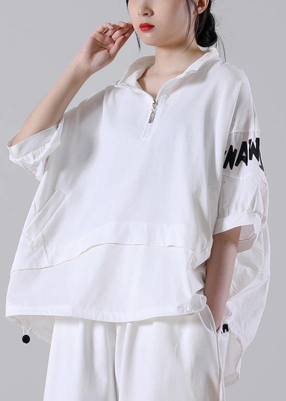 Plus Size White zippered Cotton Blouse Tops Summer - SooLinen