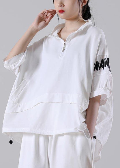 Plus Size White zippered Cotton Blouse Tops Summer - SooLinen