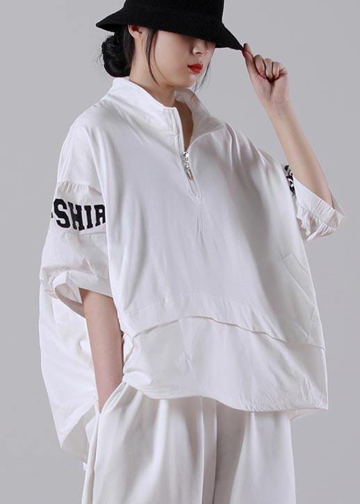 Plus Size White zippered Cotton Blouse Tops Summer - SooLinen