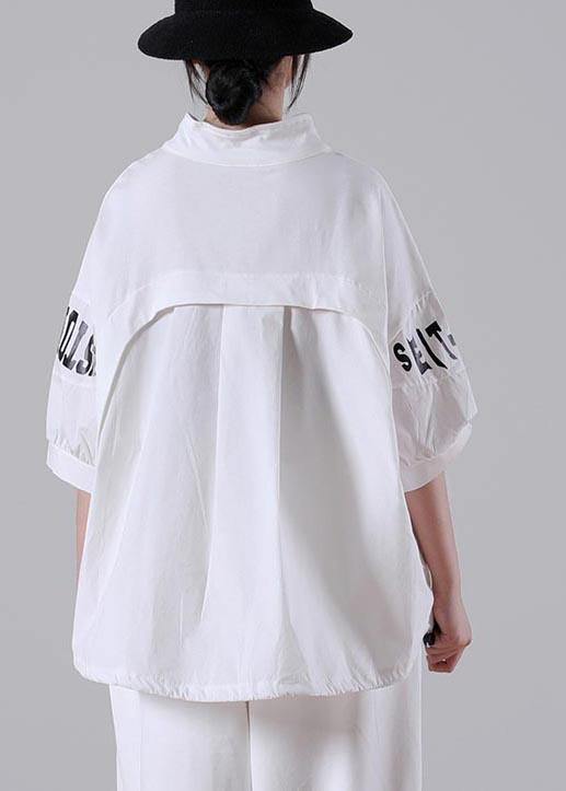 Plus Size White zippered Cotton Blouse Tops Summer - SooLinen