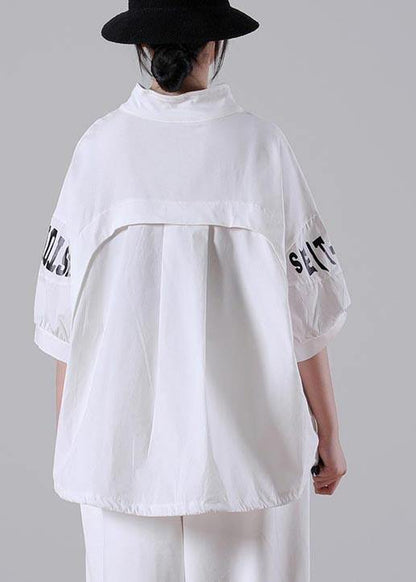 Plus Size White zippered Cotton Blouse Tops Summer - SooLinen