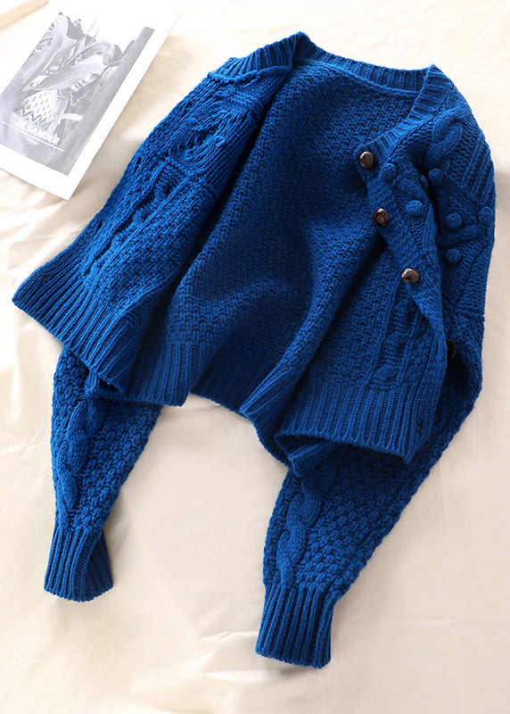 Plus Größe Frauen Blau Taste Stricken Pullover Mantel Frühling