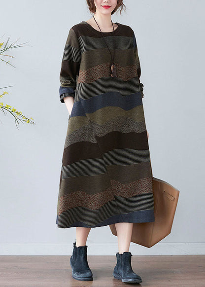 Plus Size Damen Schokoladenbraunes Kleid mit Rundhalsausschnitt und Print