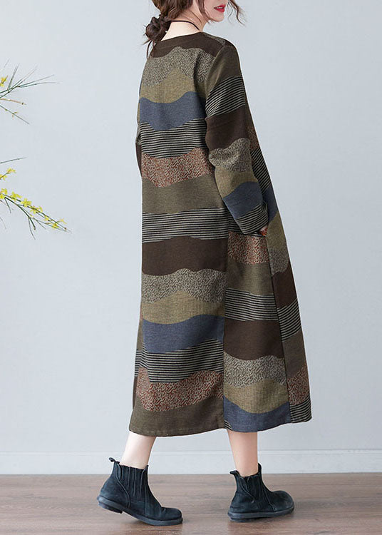 Plus Size Damen Schokoladenbraunes Kleid mit Rundhalsausschnitt und Print