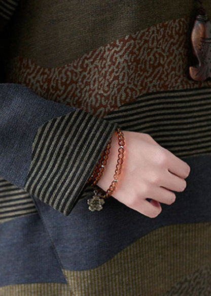 Plus Size Damen Schokoladenbraunes Kleid mit Rundhalsausschnitt und Print