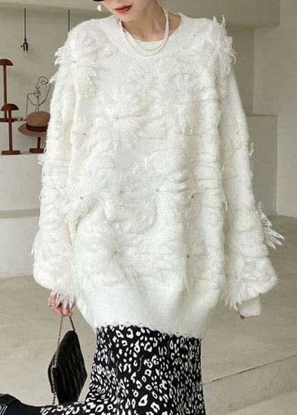 Plus Größe Frauen Weiß Spitze Floral Strick Pullover Frühling