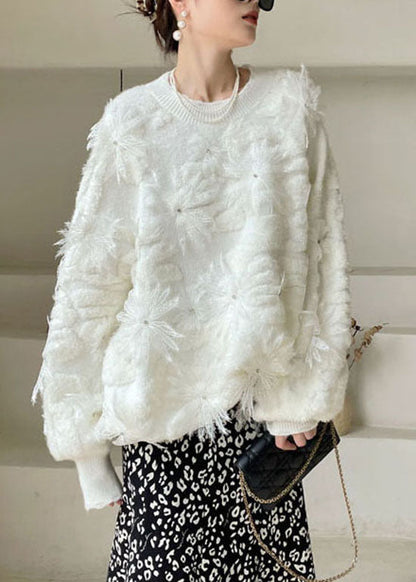 Plus Größe Frauen Weiß Spitze Floral Strick Pullover Frühling