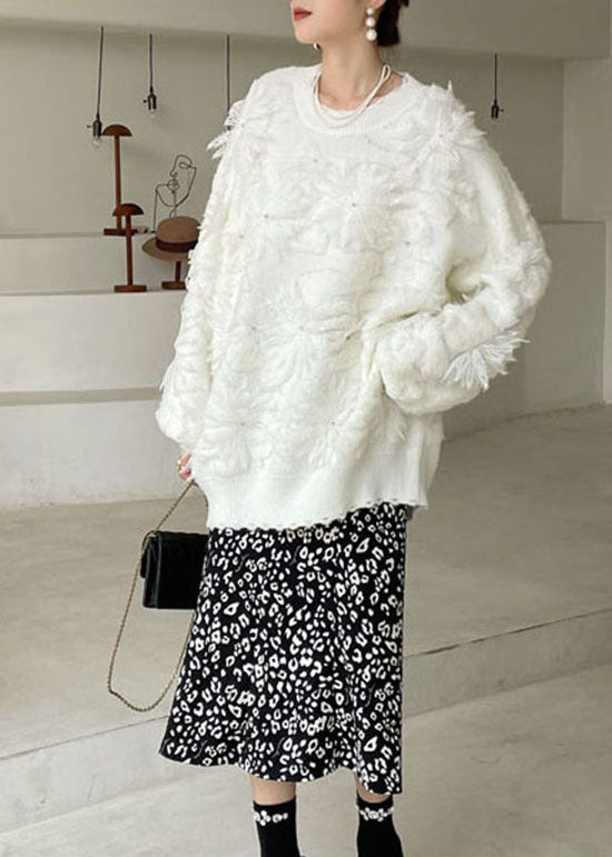 Plus Größe Frauen Weiß Spitze Floral Strick Pullover Frühling