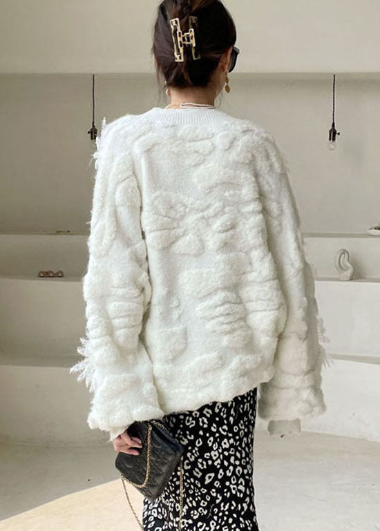 Plus Größe Frauen Weiß Spitze Floral Strick Pullover Frühling