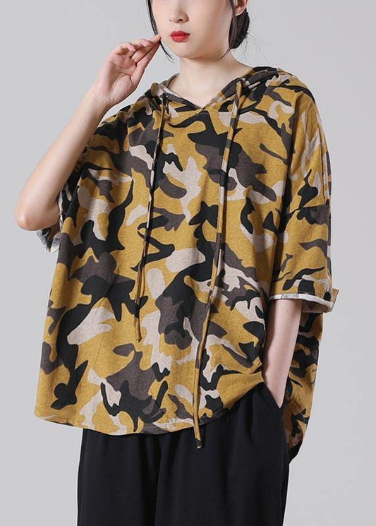 Plus Size Yellow Camouflage hooded Cotton Summer Blouses - SooLinen
