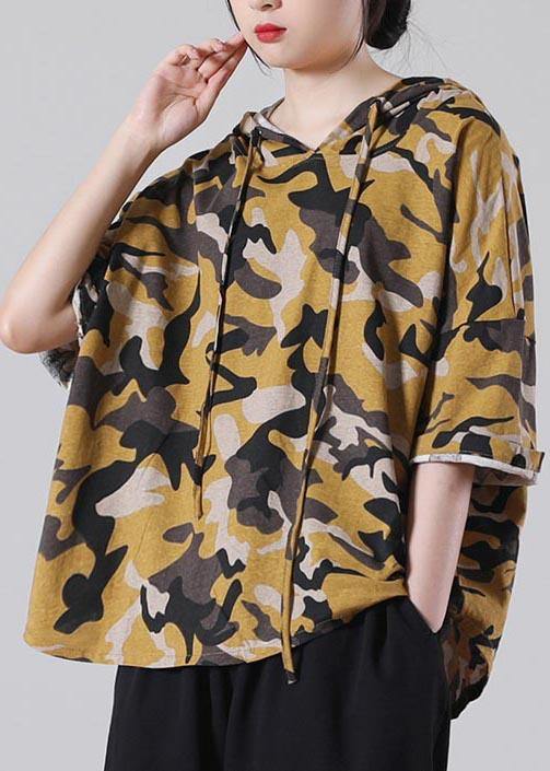 Plus Size Yellow Camouflage hooded Cotton Summer Blouses - SooLinen