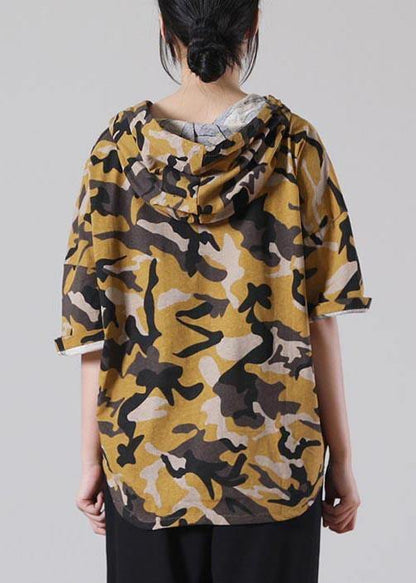 Plus Size Yellow Camouflage hooded Cotton Summer Blouses - SooLinen