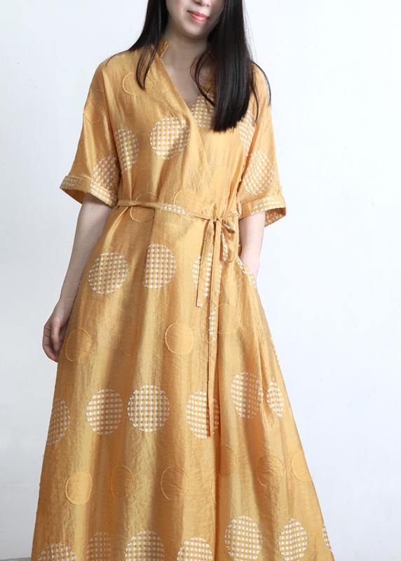 Plus Size Yellow Dot tie waist Dress Summer Dress - SooLinen