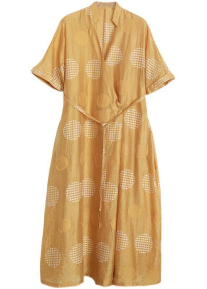Plus Size Yellow Dot tie waist Dress Summer Dress - SooLinen