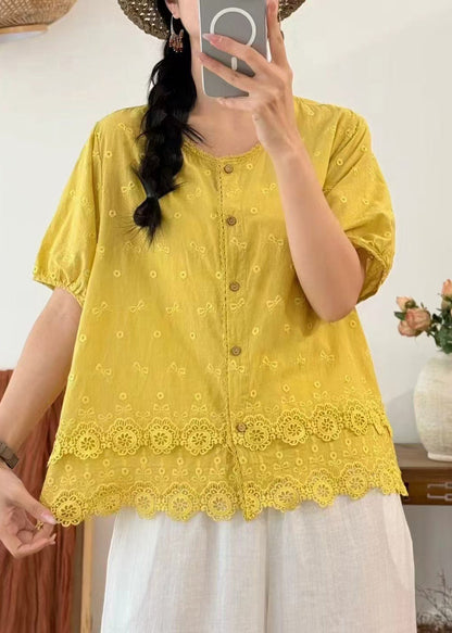 Plus Size Yellow Embroidered Cotton Blouses Summer