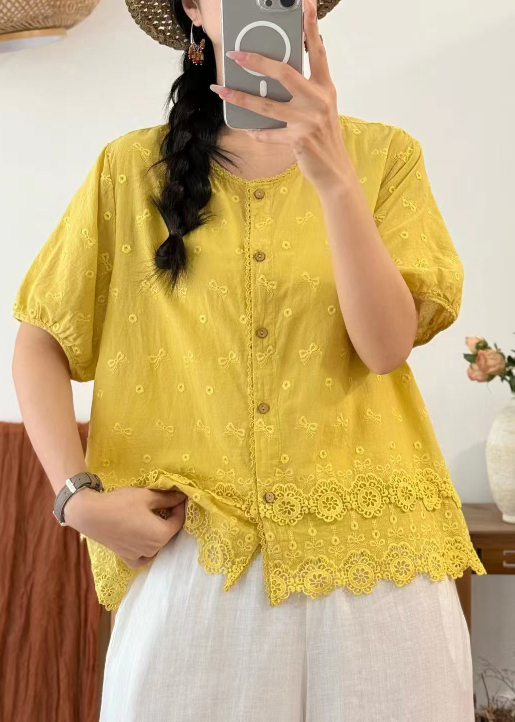 Plus Size Yellow Embroidered Cotton Blouses Summer