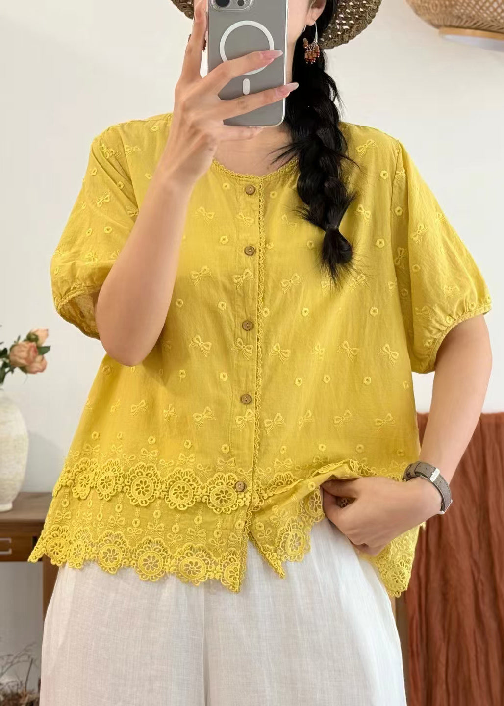 Plus Size Yellow Embroidered Cotton Blouses Summer