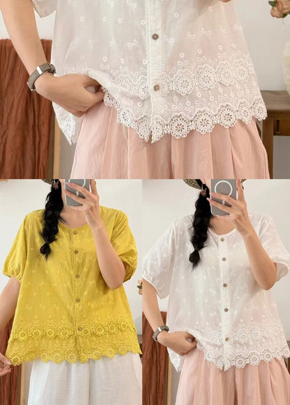 Plus Size Yellow Embroidered Cotton Blouses Summer