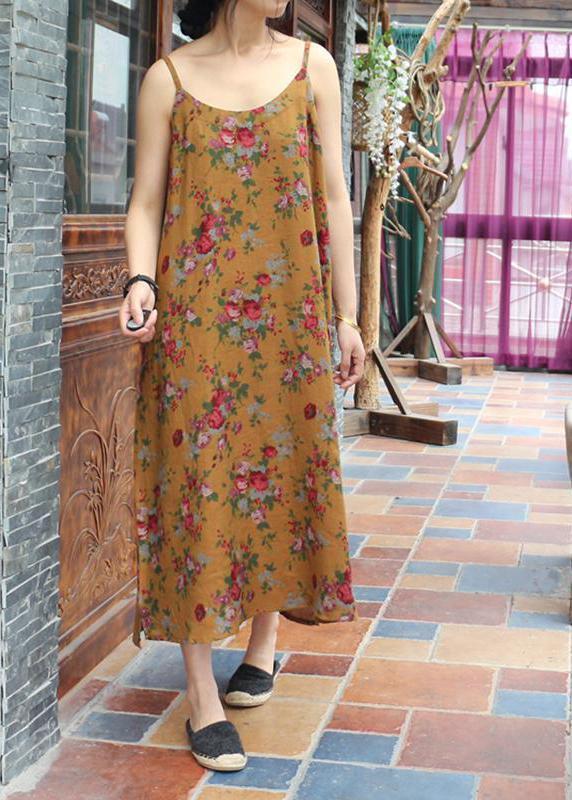 Gelbes Frühlings-Trägerkleid aus Baumwolle mit Blumenmuster in Übergröße