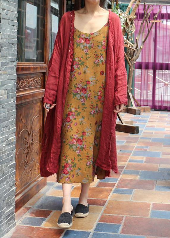 Gelbes Frühlings-Trägerkleid aus Baumwolle mit Blumenmuster in Übergröße