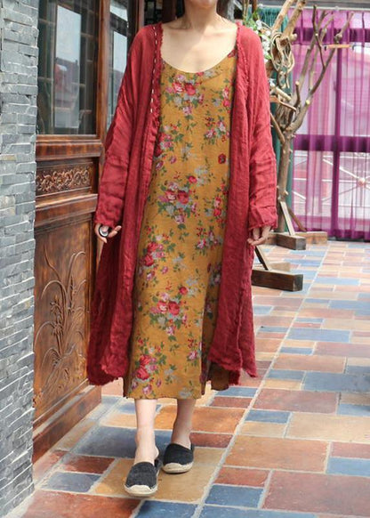 Gelbes Frühlings-Trägerkleid aus Baumwolle mit Blumenmuster in Übergröße