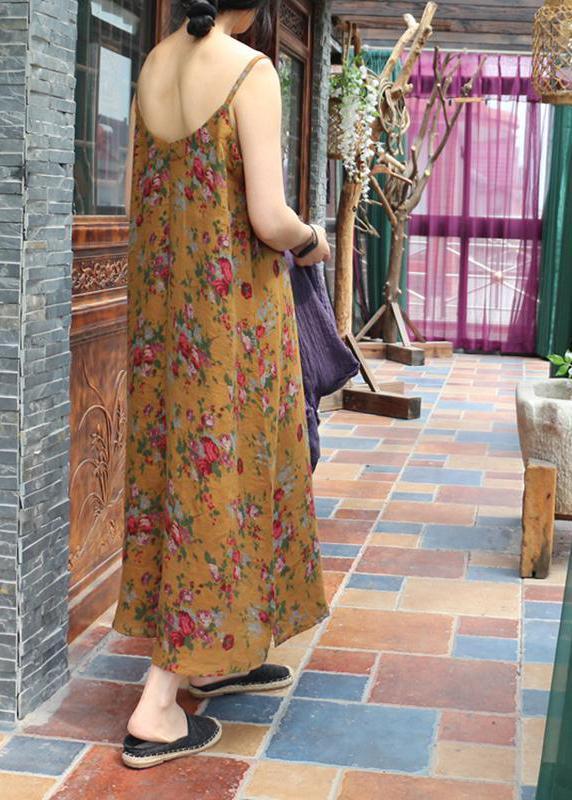 Gelbes Frühlings-Trägerkleid aus Baumwolle mit Blumenmuster in Übergröße