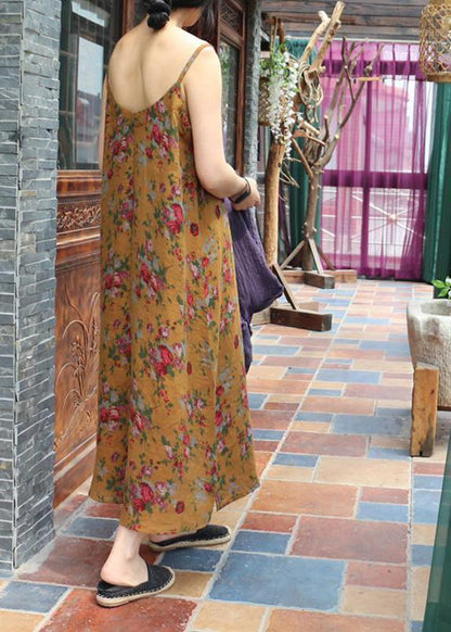 Gelbes Frühlings-Trägerkleid aus Baumwolle mit Blumenmuster in Übergröße