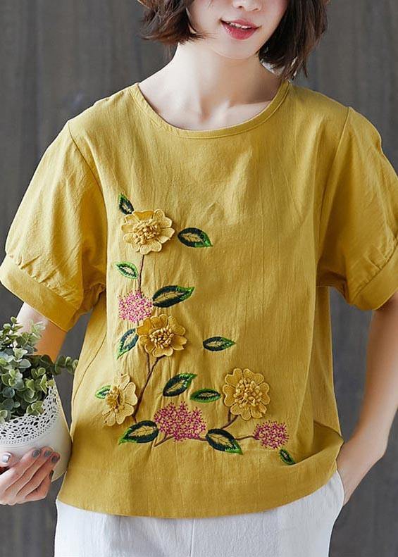 Plus Size Yellow Half Sleeve Cotton Linen Summer Top - SooLinen