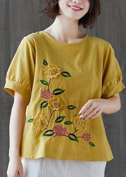 Plus Size Yellow Half Sleeve Cotton Linen Summer Top - SooLinen