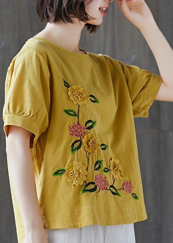 Plus Size Yellow Half Sleeve Cotton Linen Summer Top - SooLinen