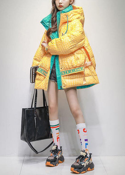 Plus Size Yellow Hooded Letter Patchwork Duck Down Coats Winter