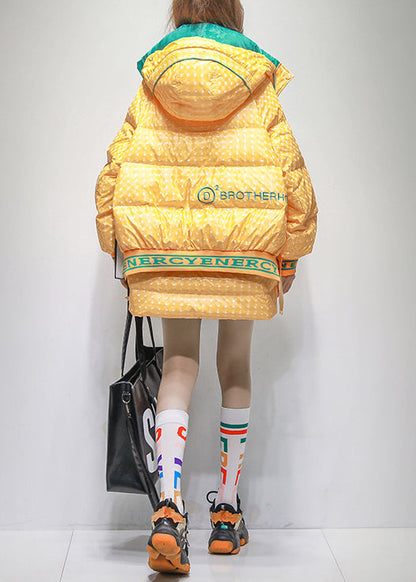 Plus Size Yellow Hooded Letter Patchwork Duck Down Coats Winter
