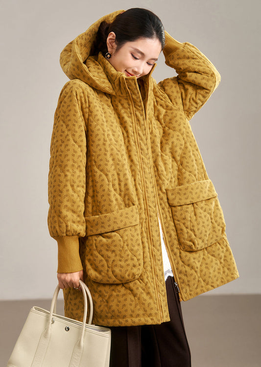 Plus Size Yellow Hooded Pockets Fine Cotton Filled Coat Winter