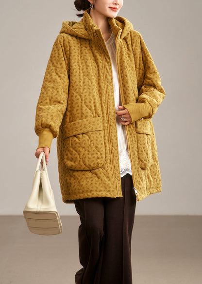 Plus Size Yellow Hooded Pockets Fine Cotton Filled Coat Winter