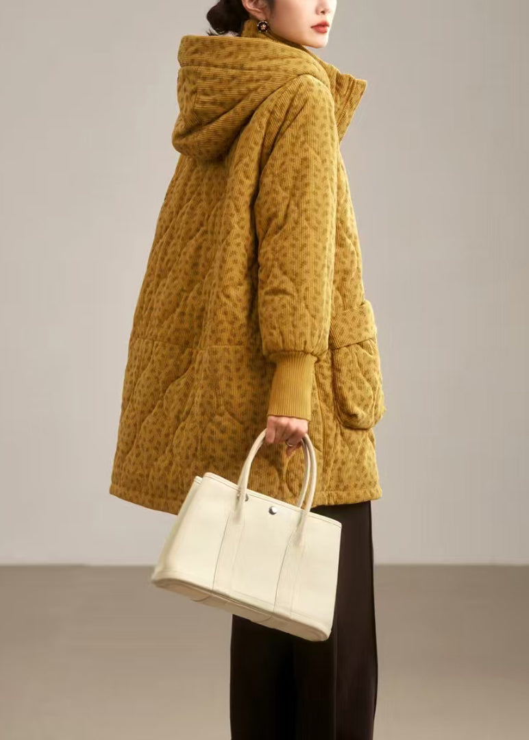Plus Size Yellow Hooded Pockets Fine Cotton Filled Coat Winter
