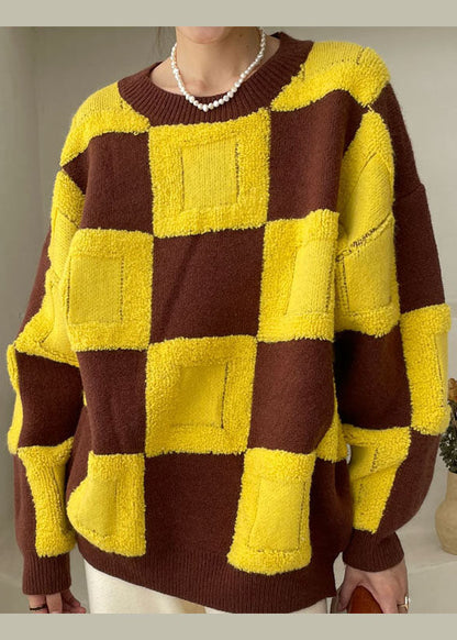 Plus Size Gelb O-Ausschnitt Plaid Strickoberteile Winter