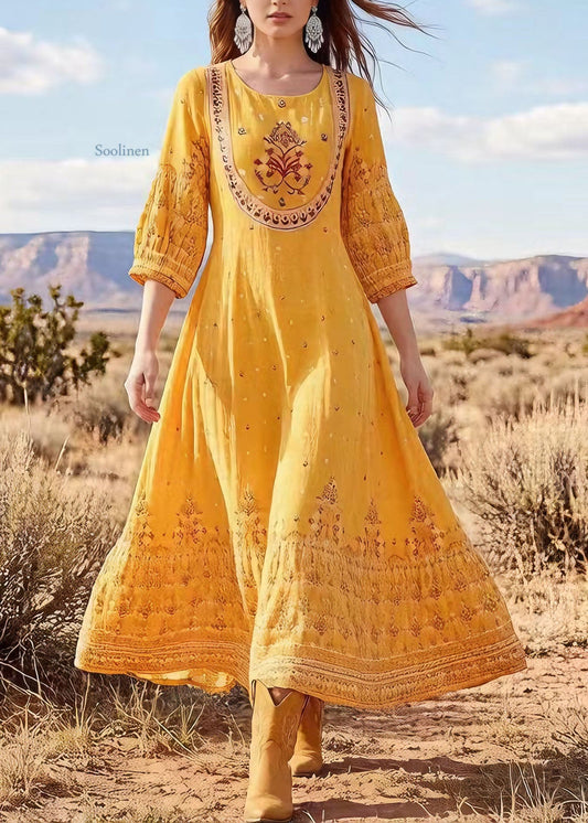 Plus Size Yellow O Neck Print Cotton Long Dress Summer