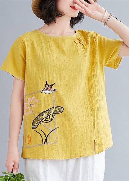 Plus Size Yellow Oriental Cotton Linen Blouses Summer - SooLinen